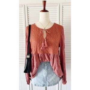 Knox Rose Laced Front Tassel String Tie Blouse Dark Pink Top